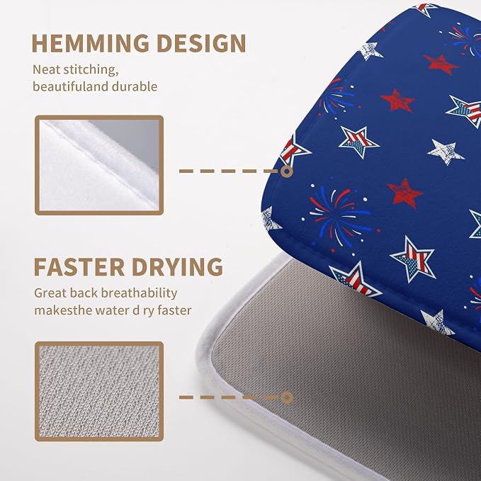 4th of July Dish Drying Mat America Stars Fireworks Blue Drying Mat 18x24 Inch Patriotic Memorial Independence Day Microfiber Absorbent Dish Drainer Rack Mats for Kitchen Counter