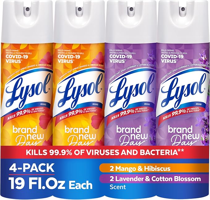 Lysol Disinfectant Spray, for Cleaning and Deodorizing, Lavender & Cotton Blossom + Mango & Hibiscus (Pack of 4)