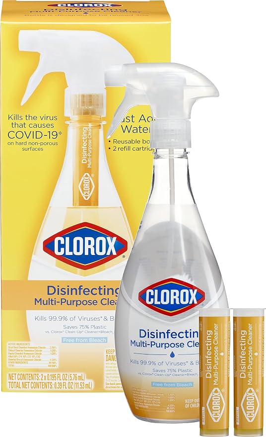 Clorox Disinfecting Multi-Purpose Cleaner Starter Kit, Household Essentials, One Reusable Spray Bottle Plus 2 Refills