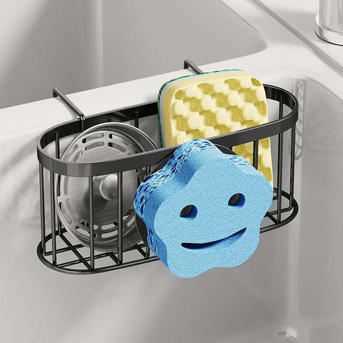SWTYMIKI Sponge Holder for Kitchen Sink - Movable Sink Caddy with Smiley Face Sponge Holder, Rustproof Hanging Sponge Organizer in Double Bowl Sinks Depth>3.15in, Middle Divider<1.5in, Black