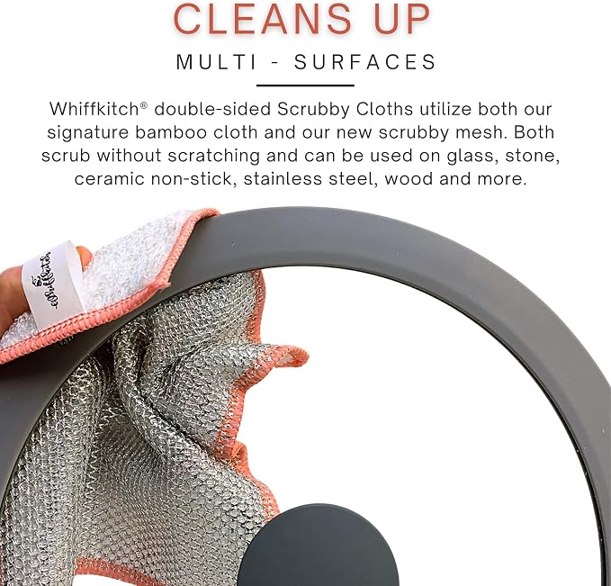 Whiffkitch® Scrubby Cloth – 6-Pack, Dishcloths, Dishrags for Kitchen and Household Cleaning 6x7, 2-Sided, Non-Scratch, Bamboo-Rayon, Scrub Mesh, Quick Dry, Washable, Reusable