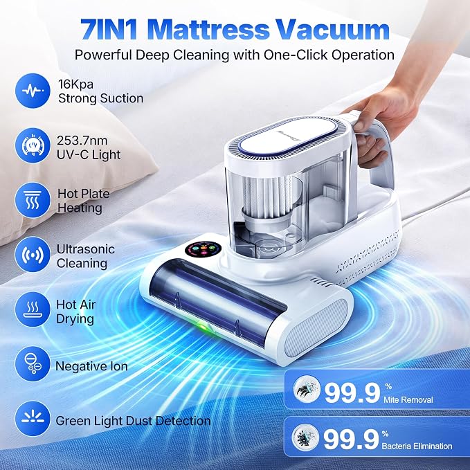 Misshappy Mattress Vacuum Cleaner - 16KPa Strong Suction Handheld Bed Cleaner with 253.7nm UV-C Sanitizing Light, Ultrasonic Module, Green Dust Visible Light, Dual Dust Cup Filtration 500W