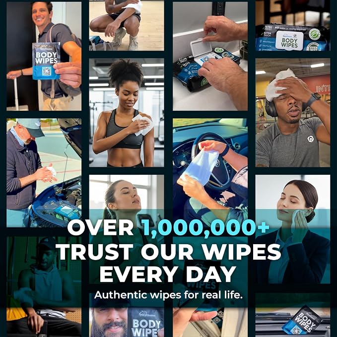 Travel Body Wipes for Men - 20 XL Shower Wipes for Adults Bathing No Rinse - Individually Wrapped 10”x10” Disposable Washcloths, Face Towels, Gym Mens Deodorant Sheets, Camping Essentials & Must Haves