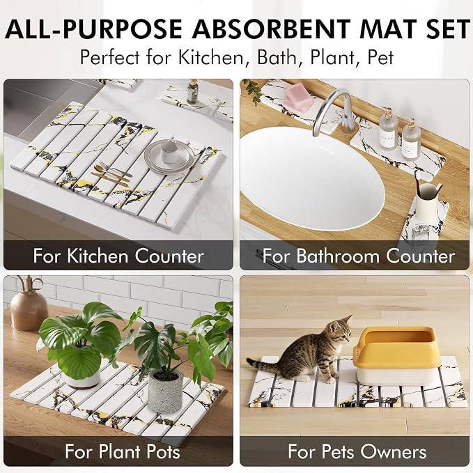 4 Pcs Stone Dish Drying Mat for Kitchen Counter, 24''x16'' Super Absorbent Diatomaceous Earth Stone Drying Mat Faucet Mat with 2 Coasters, Quick Dry Mat for Kitchen Counter Dishes Cups