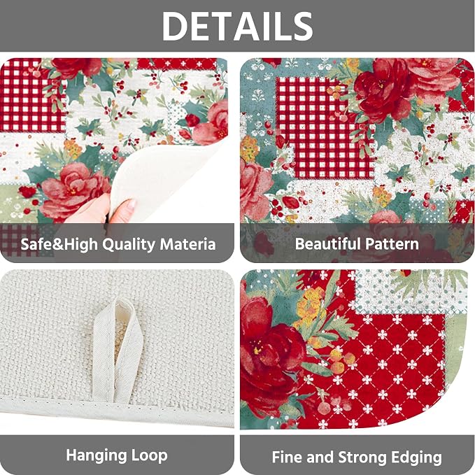 Dish Drying Mat for Kitchen Counter 16x18 Inch, Super Absorbent Dish Drainer Mat, Decorative Microfiber Dishes Drying Pad-Small(Red Flower)