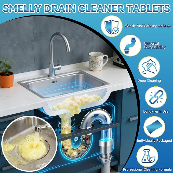 Garbage Disposal Cleaner And Deodorizer 50 Packs, Powerful Sink Drain Cleaner Tablets, 1 Year Supply Kitchen & Bathroom Drain Cleaner for Sink, Shower, Toilet, Home Cleaning Essentials