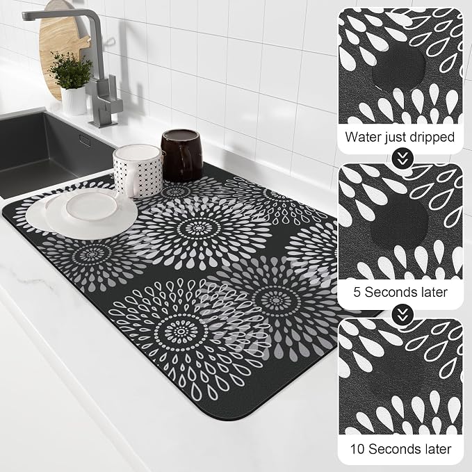 LuxStep Dish Drying Mat Super Absorbent Kitchen Counter Mat Rubber Backing Draining Mat Easy to Clean Kitchen Accessories Dish Rack Pad for Dishes, Utensils, Countertops, Sinks 16" x 24" Black