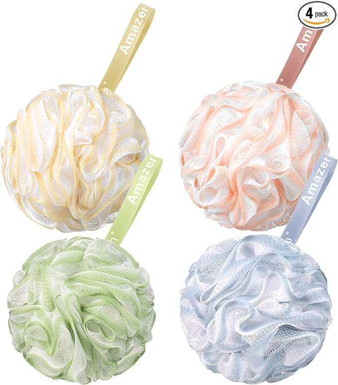 AmazerBath Loofah Sponge 75g/Piece, Exfoliating Bath Sponge Body Scrubber - Loofa Set of 4 - Cotton Candy Quartet, Large