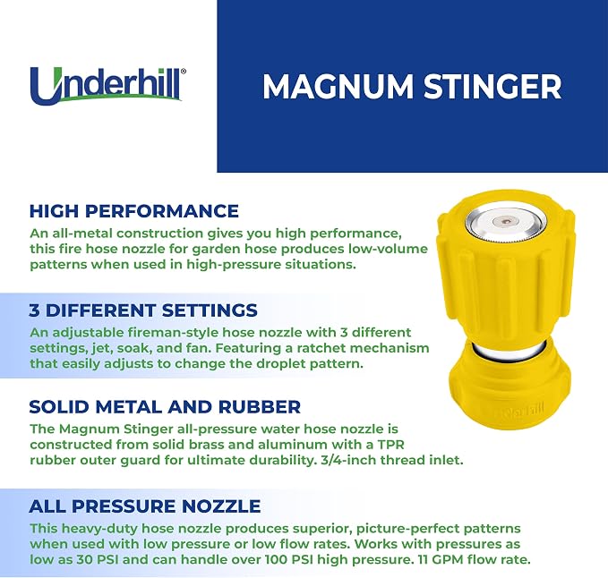 Underhill Magnum Stinger Fireman Style Garden Hose Nozzle NG400 – Heavy Duty Solid Brass Water Spray Nozzle, 11 GPM, 30–100 PSI, 3/4 Inch Thread Inlet, Jet Soak Fan Patterns, Professional Grade