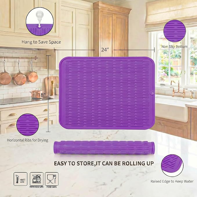 MicoYang Silicone Dish Drying Mat for Multiple Usage,Easy clean,Eco-friendly,Heat-resistant Silicone Mat for Kitchen Counter or Sink,Refrigerator or Drawer Liner Purple 2XL 24 inches x 18 inches