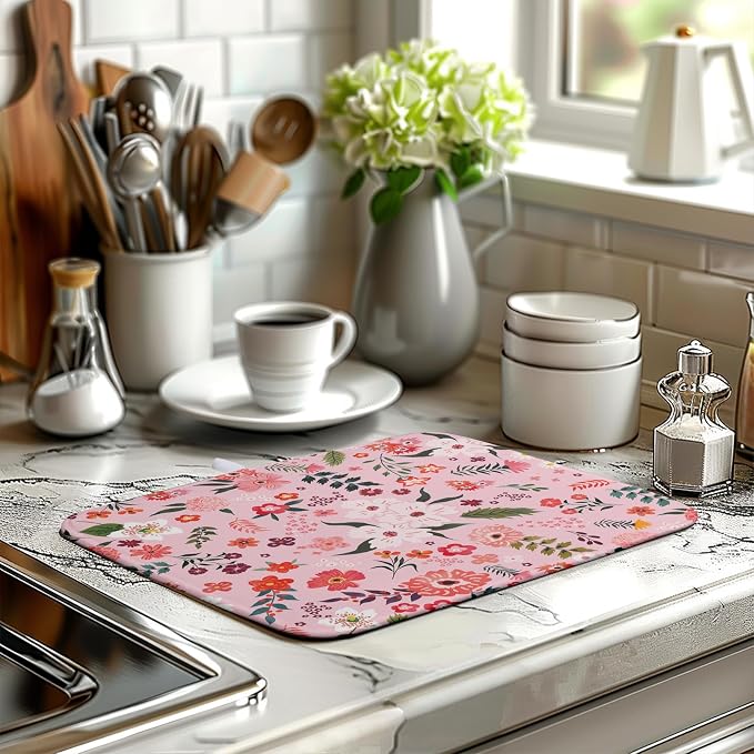 Pink Floral Dish Drying Mat for Kitchen Counter Cute Flower Print Dish Rack Mats Absorbent Microfiber Dish Draining Mat Reusable Washable Large Drainer Pad 16x18 Inch