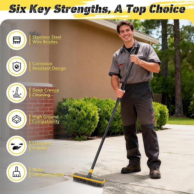 2 in 1 Stainless Steel Wire Brush Heavy Duty Floor Deck Scrub | 60" Long Handle Outdoor Push Broom for Moss Removal/Concrete/Patio/Deck/Garden/Pool/Floor Cleaning|Yellow