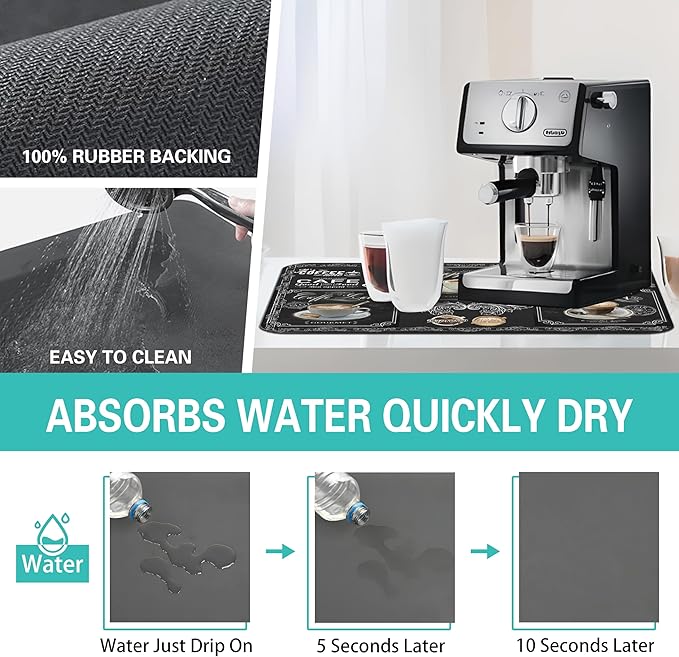 Fun Coffee Bar Mat, 19inx12in, Absorbent, Anti-Slip, Fits Under Coffee Machine