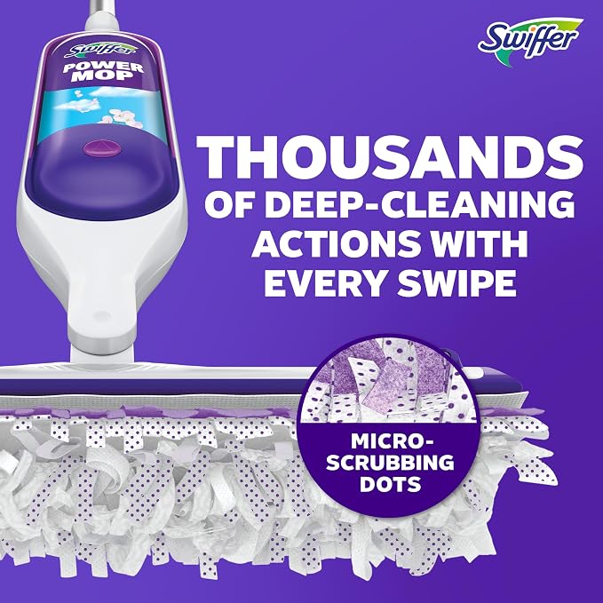 Swiffer PowerMop Mopping Kit for Floor Cleaning, Set Includes 1 Power Mop, 2 Replacement Pads, 1 Liquid Solution Refill, 2 Batteries, No Bucket Needed Electric Spray Cleaner, Multi-Surface and Wood
