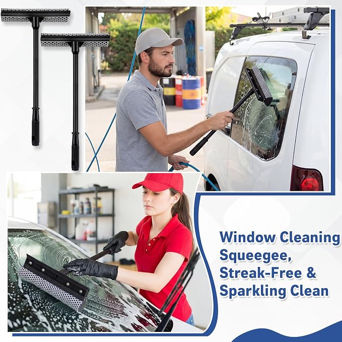 Zhengmy 2 Pcs 15.8" Window Squeegee with Long Handle for Car, 2 in 1 Car Window Cleaning Tool, Sponge Squeegee Windshield for Gas Station, Home, Auto, Glass, Shower, Outdoor High Windows Cleaning