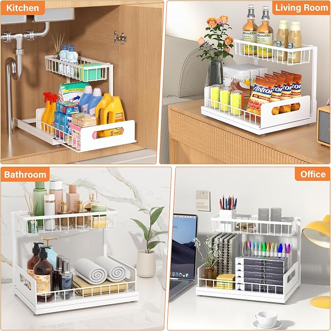 Under Sink Organizer 2 Tier, Pull Out Drawer Slides Under Sink Storage for Bathroom Kitchen,Multi-Purpose Drawer Under Cabinet Organizer for Cleaning Supplies (White, 1 Pack)