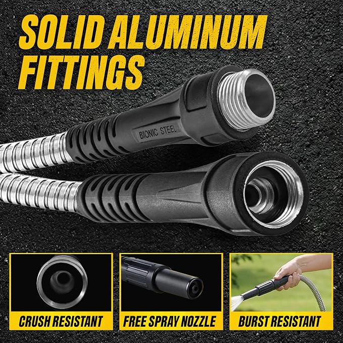 BIONIC STEEL 50 Ft Metal Garden Hose with Sprayer Nozzle | Non Kinking Design, Stainless Steel Heavy Duty Water Hose 50Ft x 5/8 in. Flexible & NON Expandable for Water Flow, 500 PSI