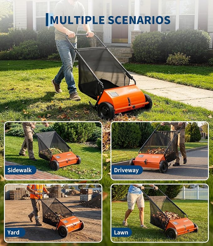 26 Inch Push Lawn Sweeper, Garden Lawn Sweeper Leaf and Grass Collector with 7 Cu.ft Mesh Bag, Adjustable Brush Height and 4 Spinning PP Brushes, Yard Sweeper for Leaves Grass Cleanup | with 7 Cu.ft Mesh Bag, Adjustable Brush Height and 4 Spinning PP B...