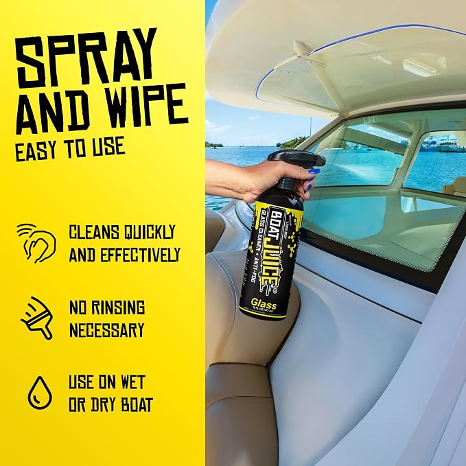 Boat Juice 2in1 Boat Glass Cleaner & Anti-Fog Spray | Boat Cleaner for Glass, Windows, & Electronic Screens | Lemon Drop Scent | Marine Detailing & Cleaning Supplies, Accessories | Made in USA (16oz)