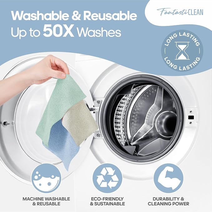 Fantasticlean Microfiber Cleaning Cloth Roll -60 Pack, Tear Away Paperless Towels, 8" x 8", Reusable Washable Rags, for House Kitchen, Pet, Office, Indoor Outdoor, Compact and Portable (Baby Blue)