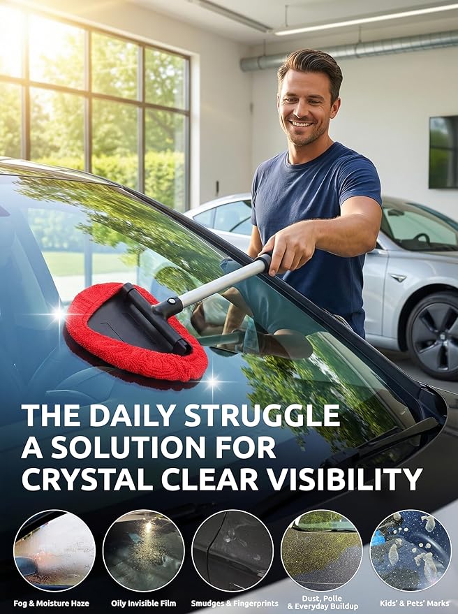 TAKAVU Window & Windshield Cleaner, Extendable, 3 Microfiber Pads (Red) | Pivoting Triangle Head Wiper Cleans Interior & Exterior Glass, 3 Washable Reusable Bonnets, Lint-Free