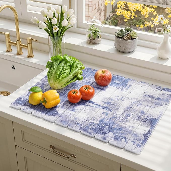 Findosom Large Stone Dish Drying Mat for Kitchen Counter, 23.6" × 15.3" Foldable Non-Slip Stone Drying Mat with Abstract Pattern, Heat Resistant Diatomaceous Earth Mat for Bath, Dishes, Cups, Blue