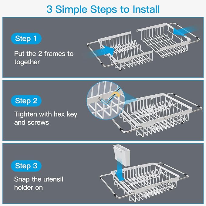 JASIWAY Expandable Stainless Steel White Dish Drying Rack Over The Sink for Small Kitchen, Counter Space Saving Compact Plate Drainer Strainer, Adjustable Hanging Metal Dish Dryer with Utensil Holder
