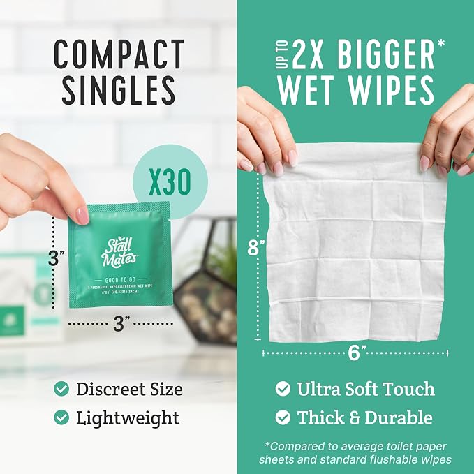 Stall Mates - Flushable Wipes, Individually Wrapped, Travel Friendly, Unscented with Cucumber, Vitamin-E & Aloe (90 on-the-go singles) BULK PACK