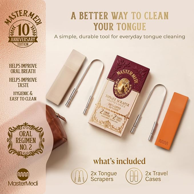 MasterMedi Tongue Scraper with Case Easy to Use Tongue Scraper for Adults, Tongue Cleaner for Oral Care & Hygiene Copper Set of 2 (with Travel Case)