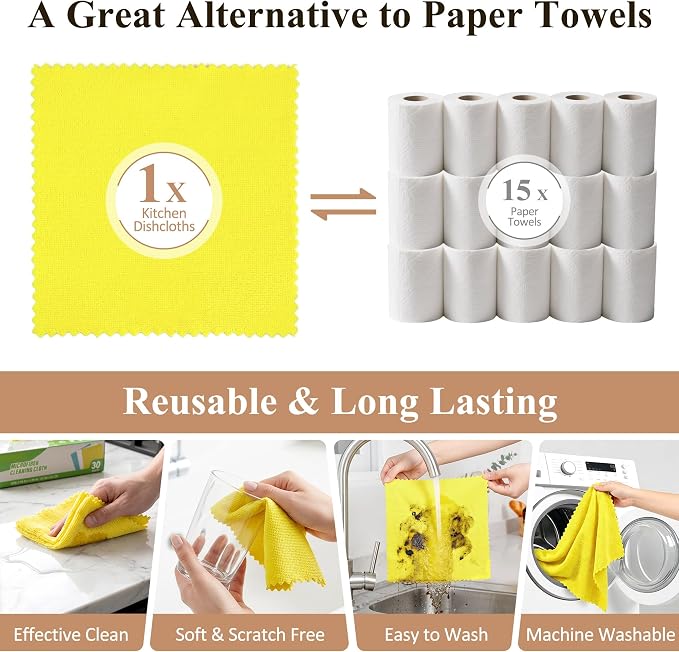 30 Pack Microfiber Cleaning Cloths, Dish Towels for Kitchen, Cleaning Rags for Car, Window, Bathroom, Household, Ultra Absorbent Cleaning Supplies Lint Free Streak Free, Reusable & Washable (Yellow)