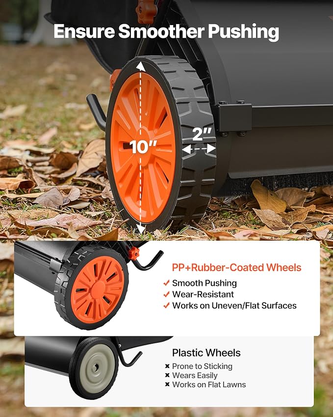 VEVOR Push Lawn Sweeper 26 in Leaf & Grass Collector 7 cu. ft. Hopper Bag | Heavy Duty Yard Sweeper with Adjustable Brush Height, Spinning Brushes, Rubber Wheels for Leaves Grass Cleanup, Black/Orange