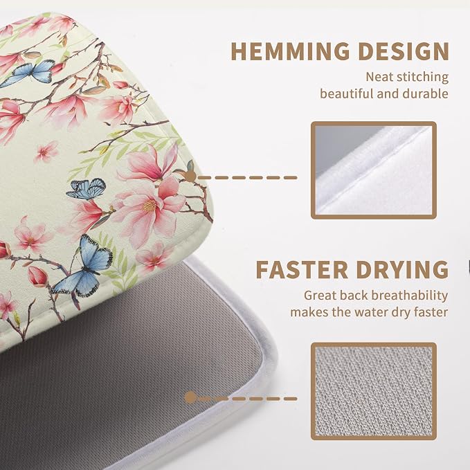 Spring Flowers Floral Dish Drying Mats Spring Summer Hummingbird Dish Mat Drying Matt Butterfly Dishes Dryer Pad for Kitchen Counter Absorbent Microfiber Washable Foldable Reusable 18x24 in