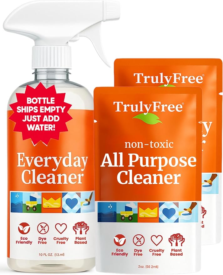 Truly Free Everyday Cleaner Kit - Multipurpose Cleaner Spray, Kitchen Counter Cleaner, Natural Cleaning Products, Multi-Surface Household Solution, 16 oz Reusable Empty Bottle + Two Fills, 3 oz ea.