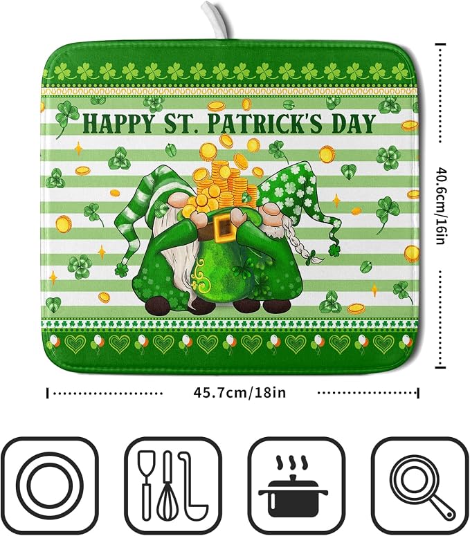 Shamrock Gnome Dish Drying Mat Coin Clover Dishes Fast Dry Mat 16x18 inch Absorbent Microfiber Dishware Drainer Pad for Kitchen Counter Sink