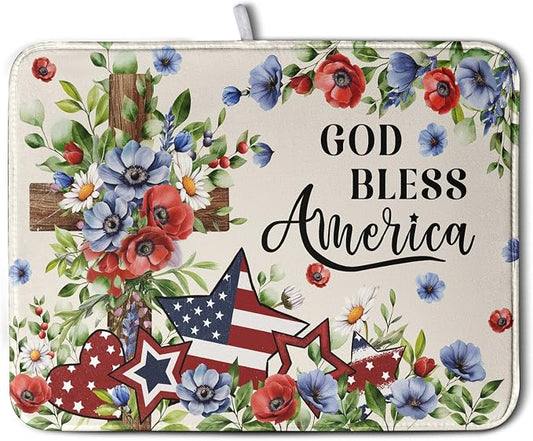 4th of July Drying Mat for Kitchen Counter Patriotic Floral Cross Stars Dish Drying Pad Independence Day Absorbent Microfiber Washable Dish Draining Mat Extra Large 18"x24"