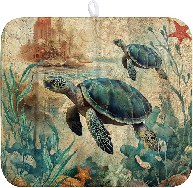 Vintage Ocean Sea Turtle Dish Drying Mats for Kitchen Counter 16 X 18 Inch Summer Turtle Dish Mat Drying Kitchen Mat Nautical Coastal Absorbent Drying Mat with Hanging Loop, 240219