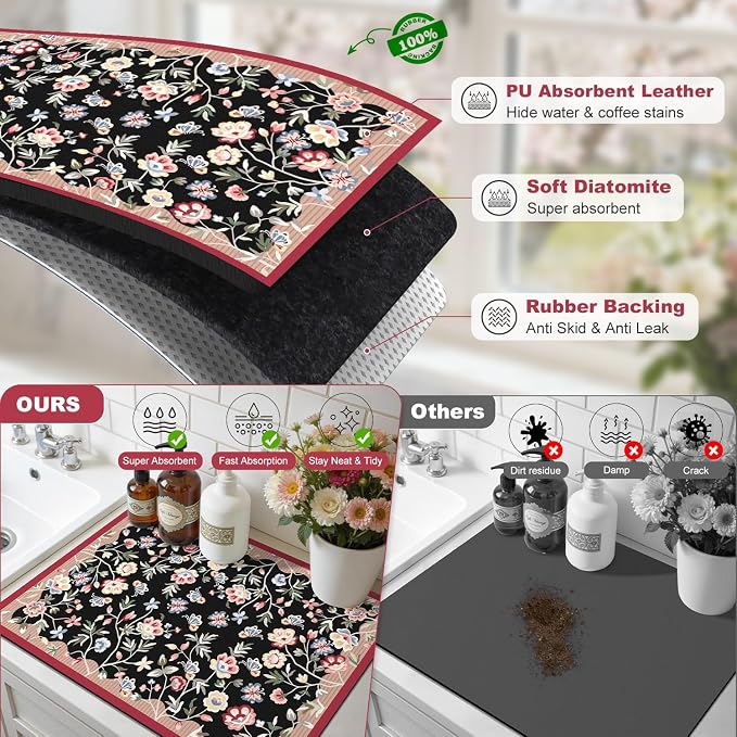 LOKHOM Floral Dish Drying Mat, 18"x24" Super Absorbent Non-slip Bordered Coffee Mat with Oil Painting Black Floral, Cuttable Hide Stain Drying Mat for Kitchen Counter Coffee Maker Espresso Machine
