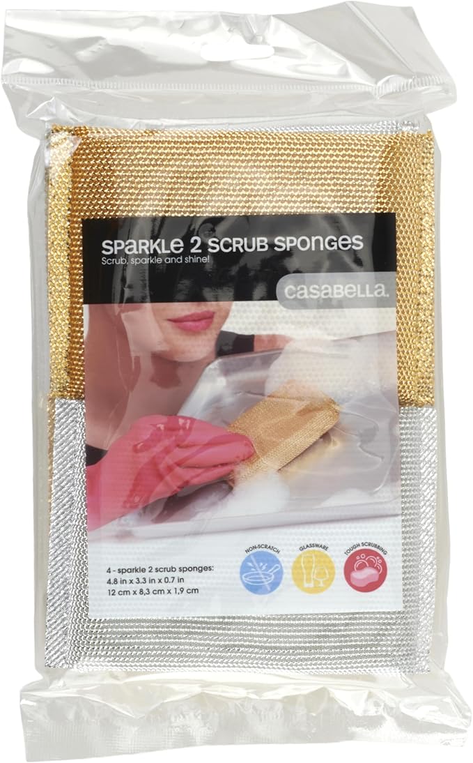 Casabella Sparkle Scrub Sponge Set Absorbent Sponges with Scrubber Exterior Dishwasher-Safe, 4-Pack