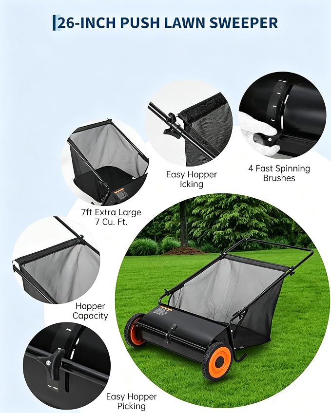 Garvee 26" Push Lawn Sweeper, 7 Cu. Ft. Hopper Capacity Grass Sweeper, Manual Push Yard Sweeper with Height Adjustment & 4 Spinning Brushes, Heavy Duty Lawn Sweeper with Steel Wheels, Black | Manual Push Yard Sweeper with Height Adjustment & 4 Spinning...