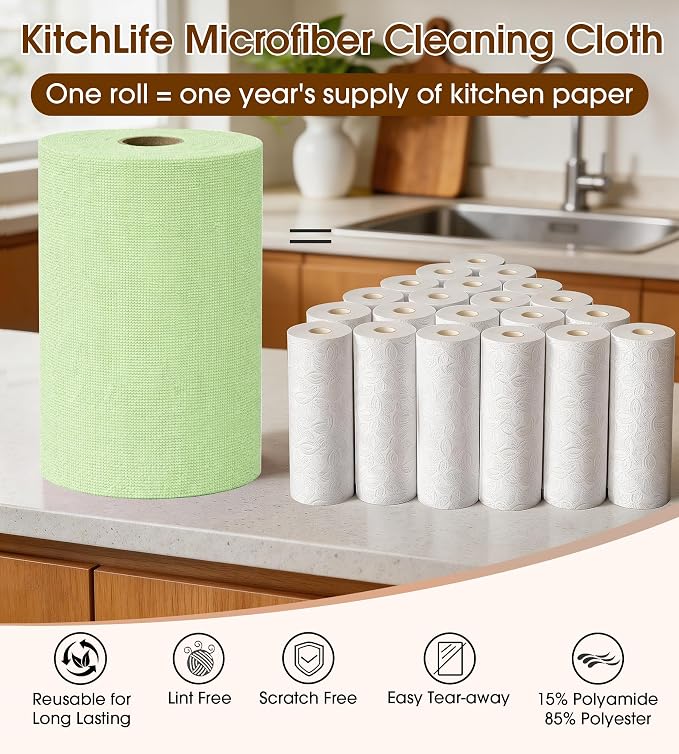KitchLife Microfiber Cleaning Cloth Roll, 100 Pack - Tear-Away Microfiber Paper Towels, Lint-Free, Reusable, Washable for Kitchen, Car, Dishes, and Sensitive Surfaces (Bean Green)