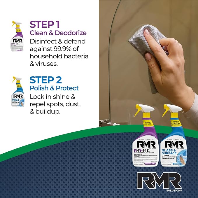 RMR Defend & Detail Duo – RMR-141 EPA Registered Mold & Mildew Spray + Glass & Surface Cleaner/Repellent, 2-Step Clean & Protect System for Glass, Tile, Bathrooms, Surfaces, 2–32 Oz Bottles