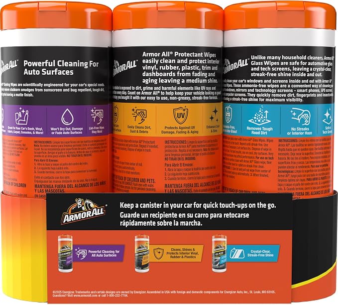 Armor All Protectant, Glass and Cleaning Wipes, Wipes for Car Interior and Car Exterior, 30 Count Each (Pack of 3)