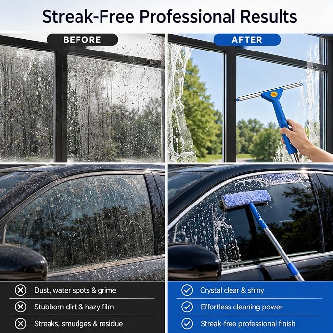 Window Cleaning Kit with Extendable Long Handle, Professional Window Squeegee & Window Washer Tool Set for Indoor Outdoor High Windows, Glass, RV & Shower Doors