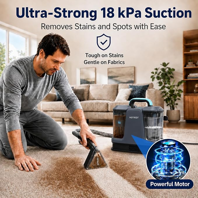 Portable Carpet Upholstery Cleaner for Furniture, Pet Stains, Car Interiors | Powerful Suction, Faster Drying, Deep Stain Removal, Lightweight Design, Large Dual Tanks, Long Hose & Cord, Home & Car Use