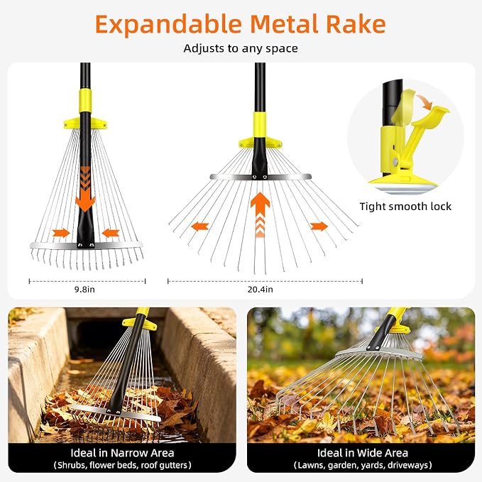 Byhargen Adjustable Metal Leaf Rake, Heavy Duty Garden Rake with Wide & Narrow Modes, Rustproof Steel Head, Adjustable Handle for Lawn Care, Yard Clean Up, and Mulch Spreading