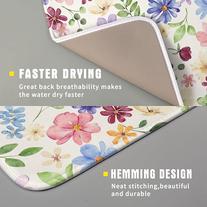 Spring Floral Dish Drying Mat for Kitchen Counter 16x18 Easter Green Pink Purple Blue Cute Flower Print Absorbent Reversible Microfiber Drying Mats Kitchen Countertop Protector Dishes Drainer Pad