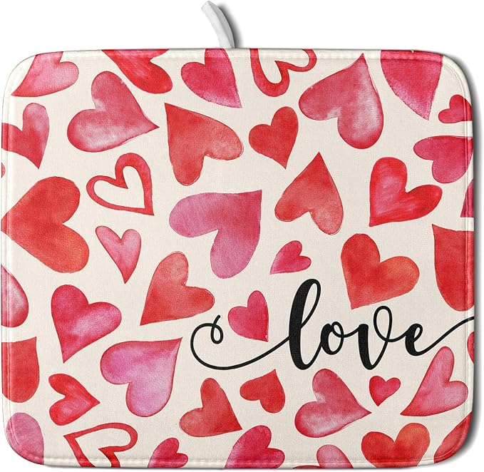 Valentine's Day Red and Pink Heart Dish Drying Mat 16x18 Inch | Polyester，Absorbent Microfiber，for Kitchen Coffee Dining Bar Decor