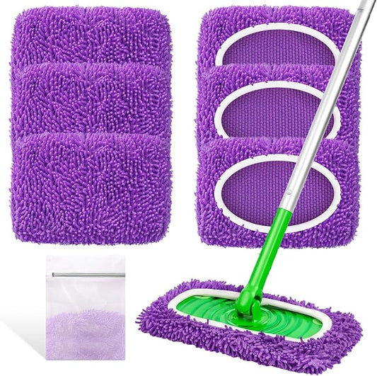 Reusable Mop Pads Compatible with Swiffer Sweeper Mop - Microfiber Dry Sweeping Cloths & Washable Wet Pads Refill Chenille Wet Mopping Cloths for Use on All Sealed Floors Cleaning(Mop is not Included)