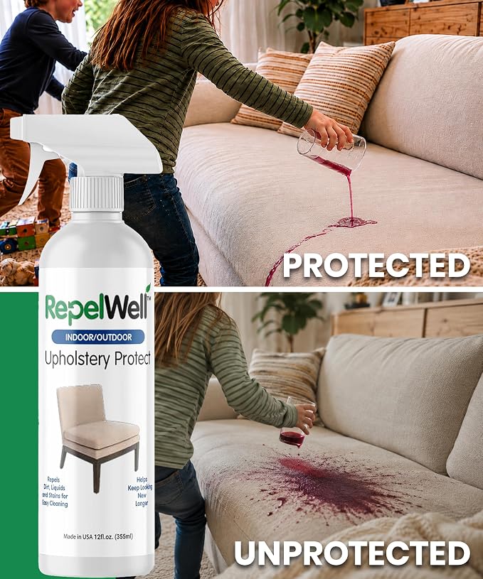 RepelWell Non Toxic Fabric Protector Spray for Upholstery & Furniture,12 oz | Helps repel water, coffee, wine, food, dirt and everyday spills from upholstery.