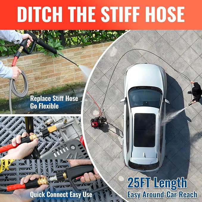 YAMATIC Upgraded Flexible Pressure Washer Hose 25FT 1/4", 3200 PSI Non-Kink Replacement with M22-14mm & 3/8" Quick Connect Adapters, Extension for Gas Power Washer Troy-Bilt Ryobi Honda Craftsman